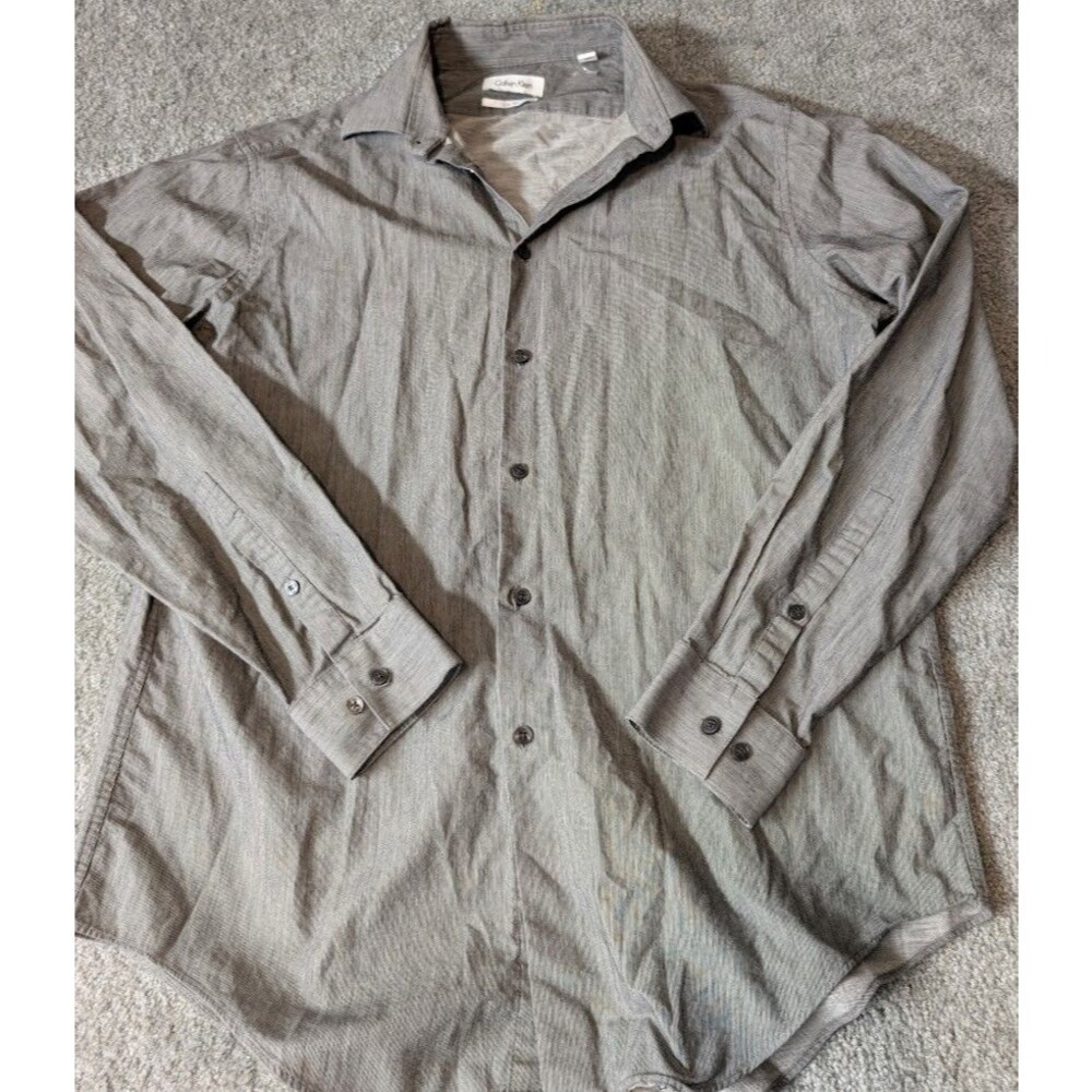 Calvin Klein Men’s Slim Fit Button Down Shirt 16.5 Gray Pinstripe Long Sleeve